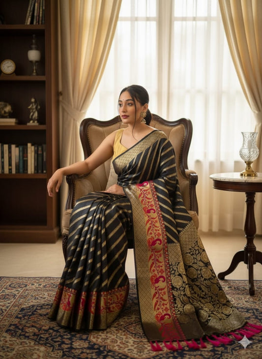 Silk Sarees with Gold Zari Zigzag Weaving - Black