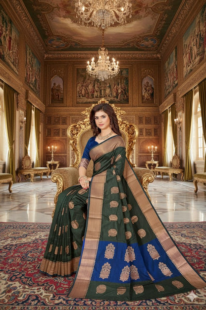 Saree soft silk blue and grey copper booti Weaved Sari wedding partywear NEW