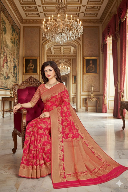 Pure silk Dark Pink Golden Resham Weave Design Sari