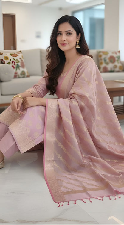 Unstitched Tapeta Silk Onion Pink Suit For Women-Resham Weaving
