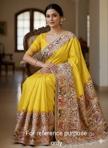 Women Pure Soft Rajwadi Pashmina Silk Weaving Saree With Butti Blouse - Yellow