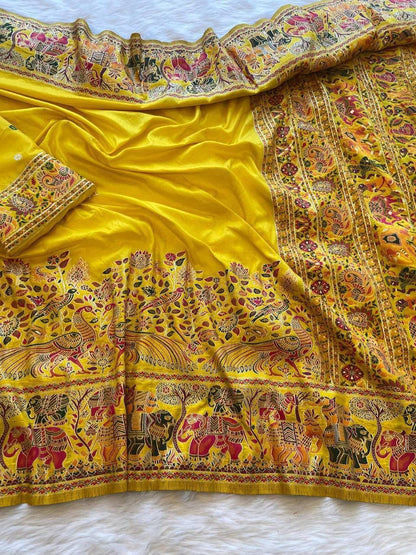 Women Pure Soft Rajwadi Pashmina Silk Weaving Saree With Butti Blouse - Yellow