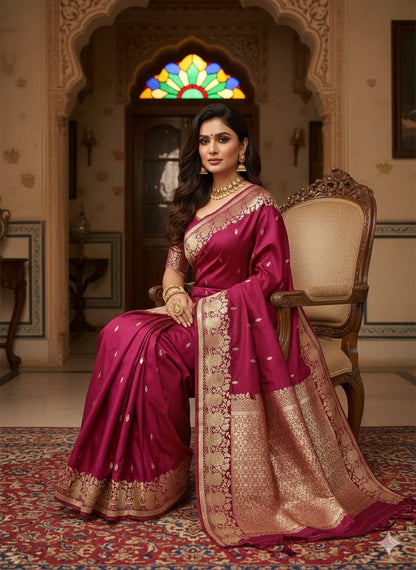 Women Pure Soft Banarsi Silk Saree Maroon With Zari Weaved