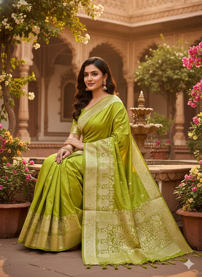 Women Pure Soft Banarsi Silk Saree Olive Green With Zari Weaved