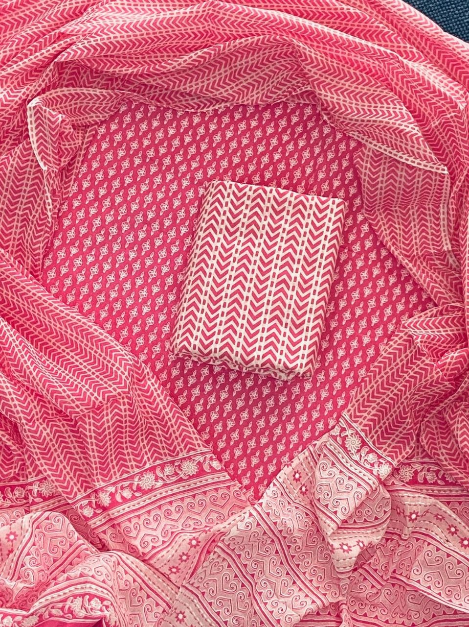 Pink Unstitched 3pc Suit Cotton Suit Printed Solid Work