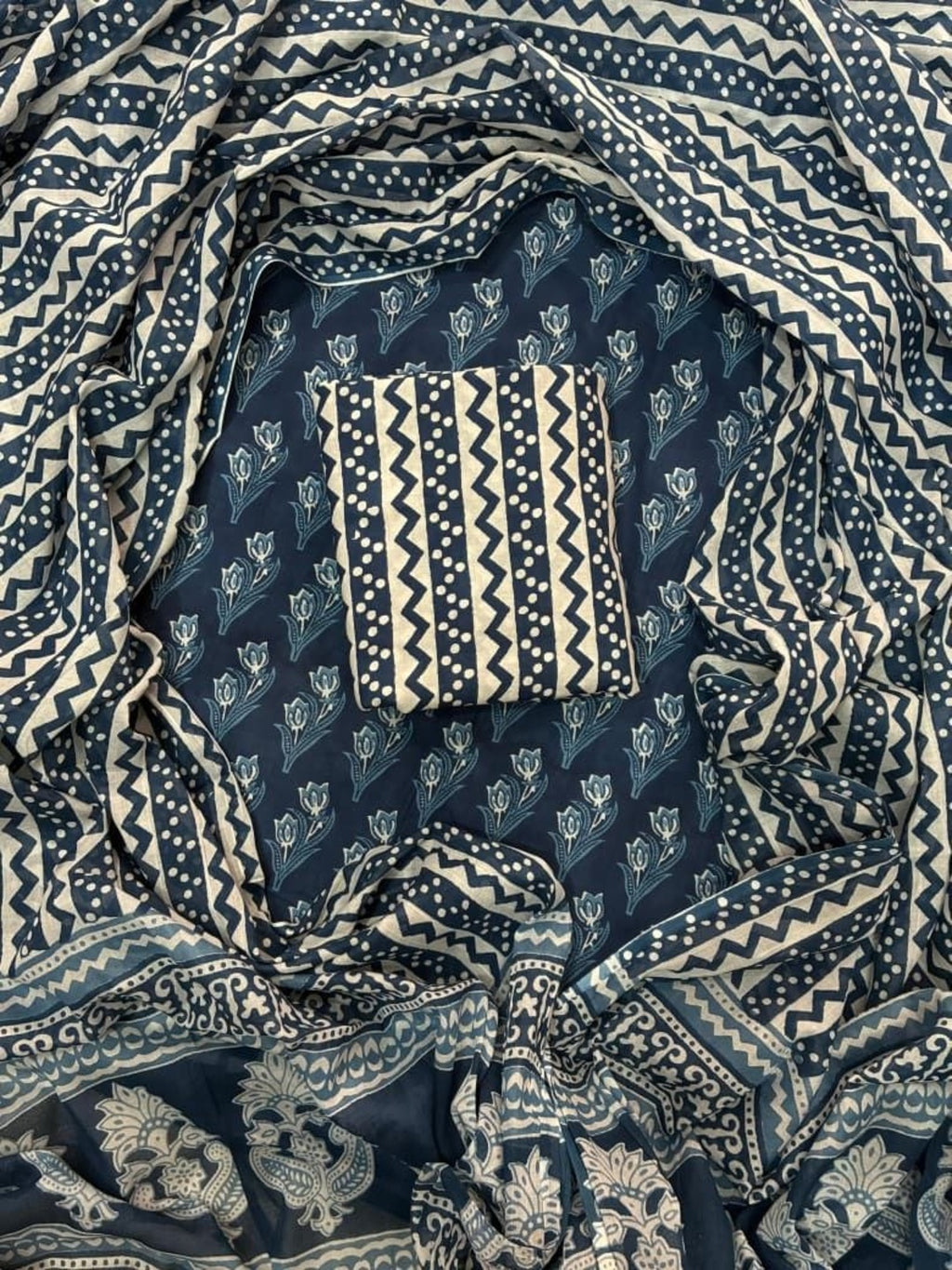 Navy Blue Unstitched 3pc Suit Cotton Suit Printed Solid Work