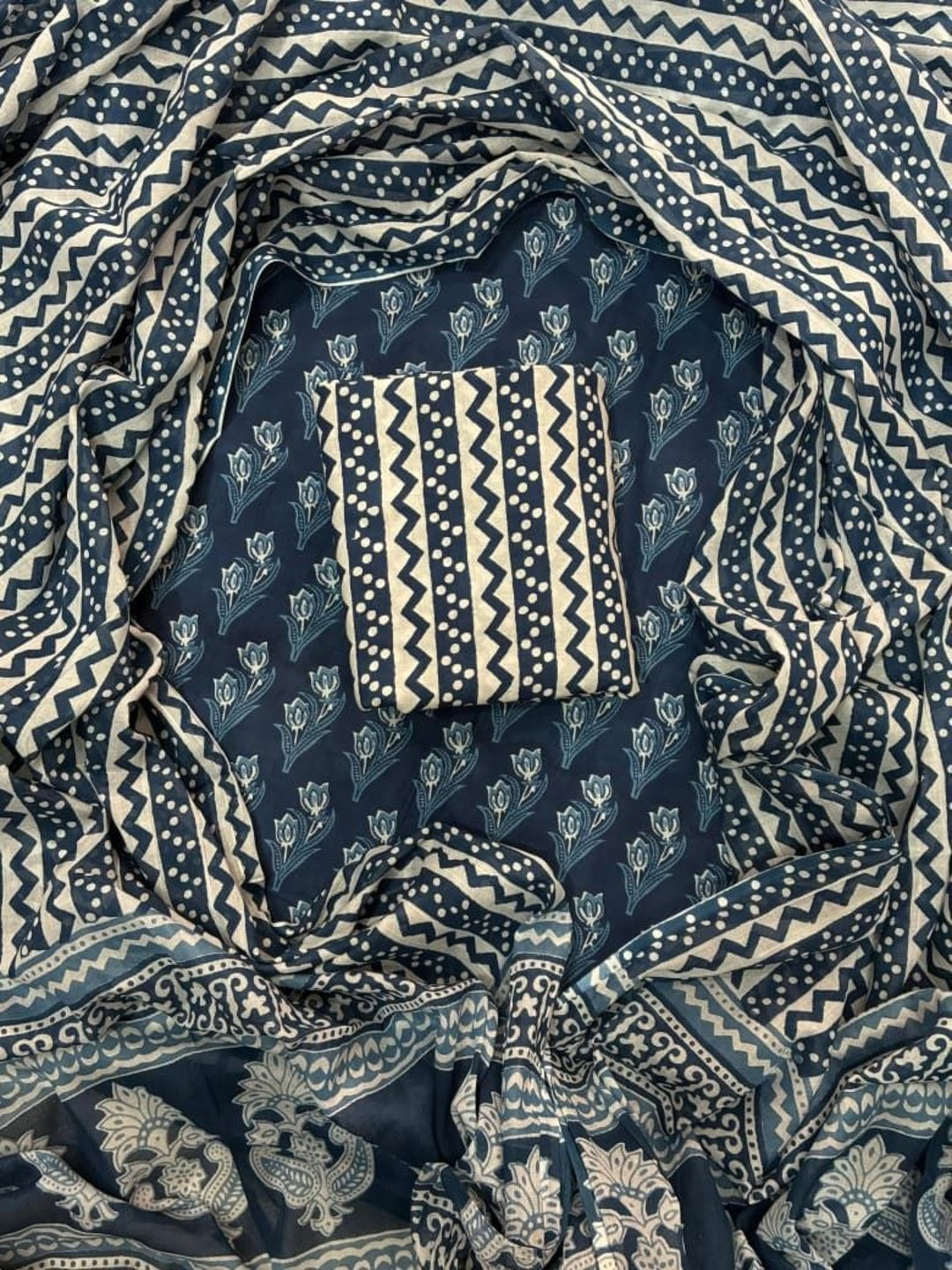 Navy Blue Unstitched 3pc Suit Cotton Suit Printed Solid Work