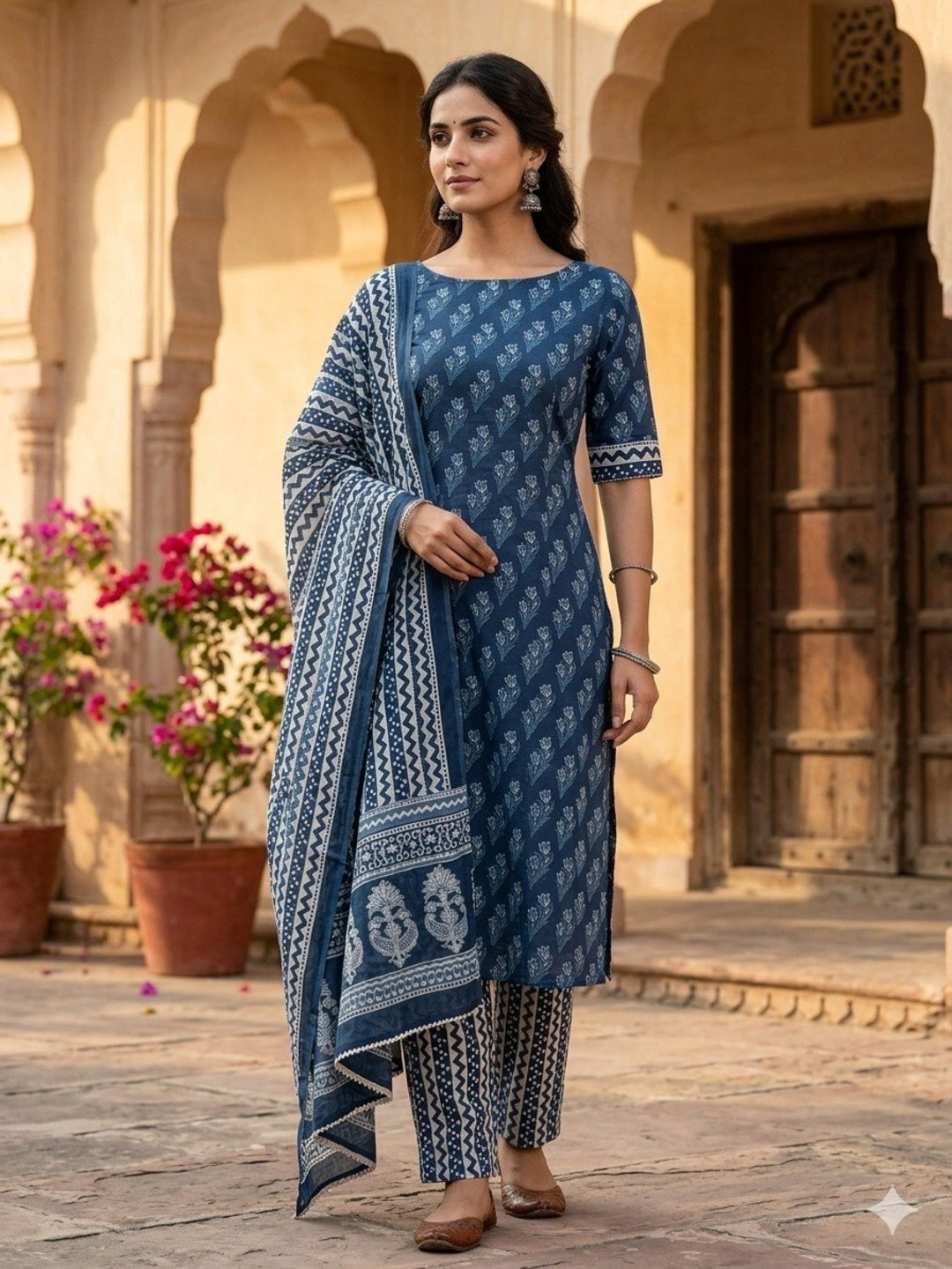 Navy Blue Unstitched 3pc Suit Cotton Suit Printed Solid Work