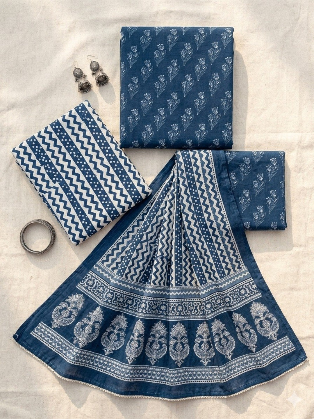 Navy Blue Unstitched 3pc Suit Cotton Suit Printed Solid Work