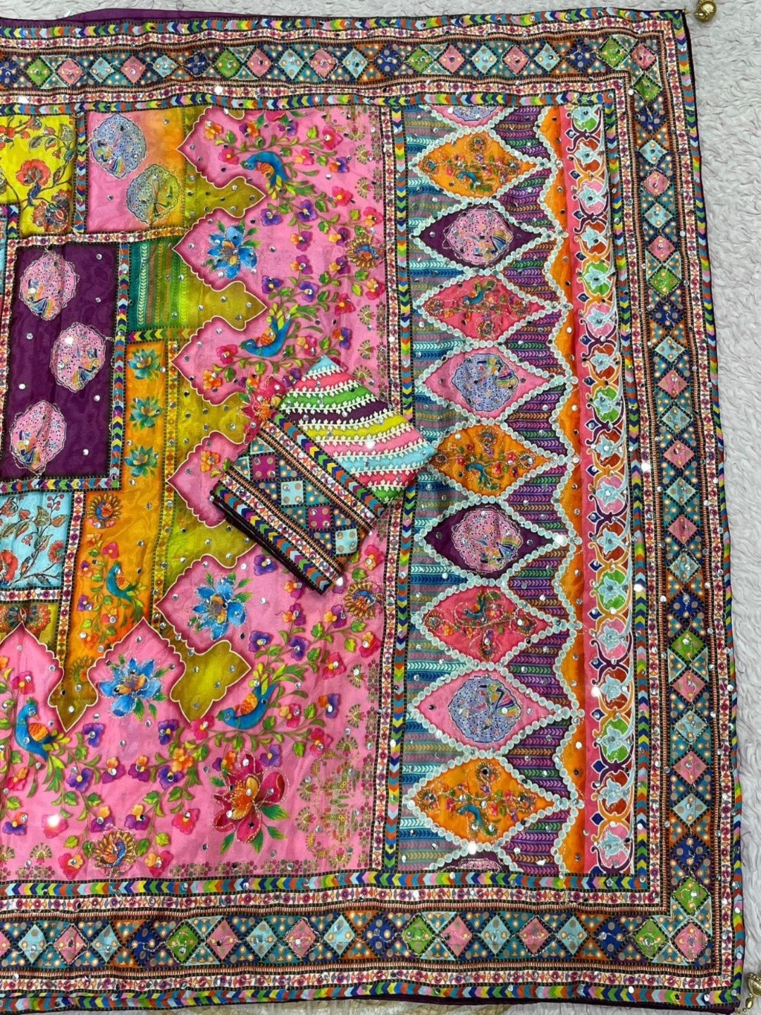 Heavy masakali georgette saree with rajgharana culture digital print and mirror work