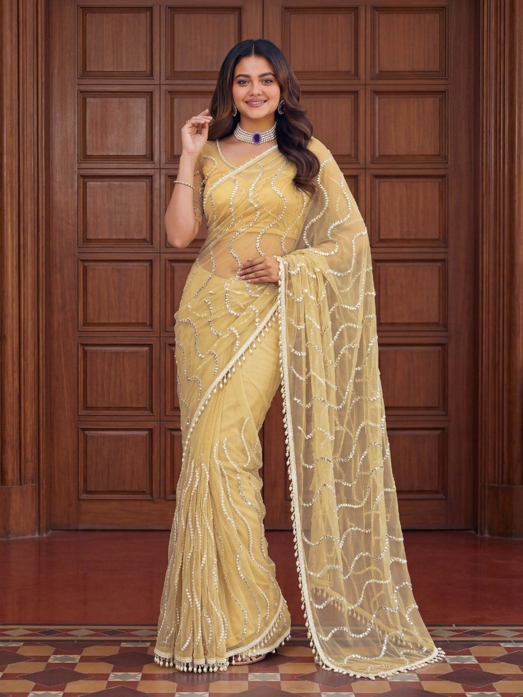 Net Sequence Saree with Unsticthed Blouse