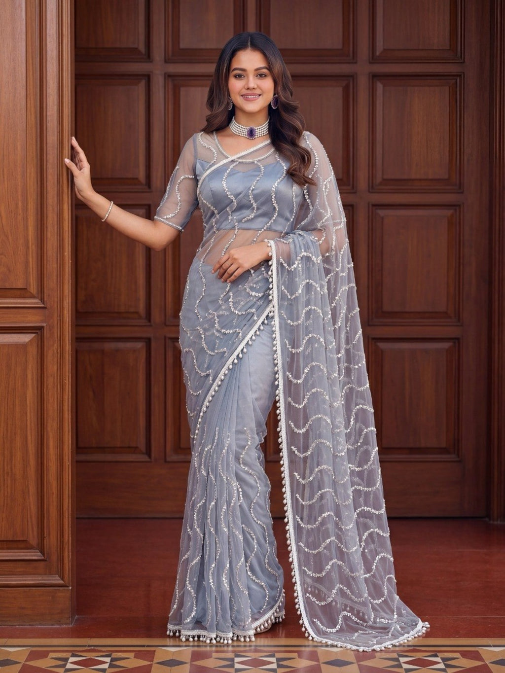 Net Sequence Saree with Unsticthed Blouse