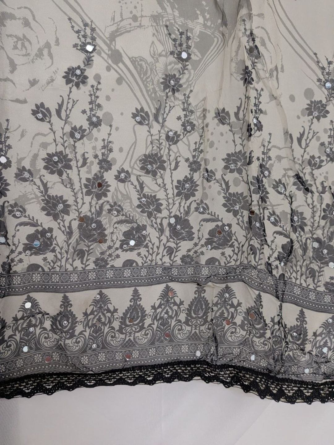 Mirror work printed with lace Unstitched Suit Grey Color