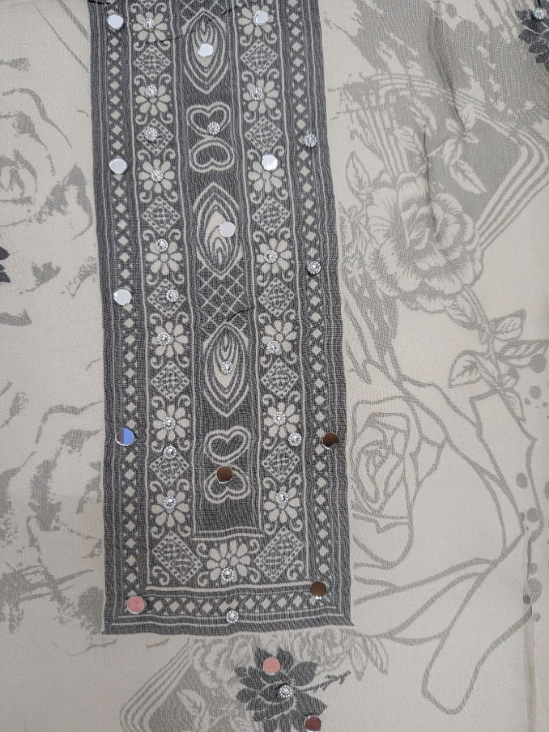 Mirror work printed with lace Unstitched Suit Grey Color