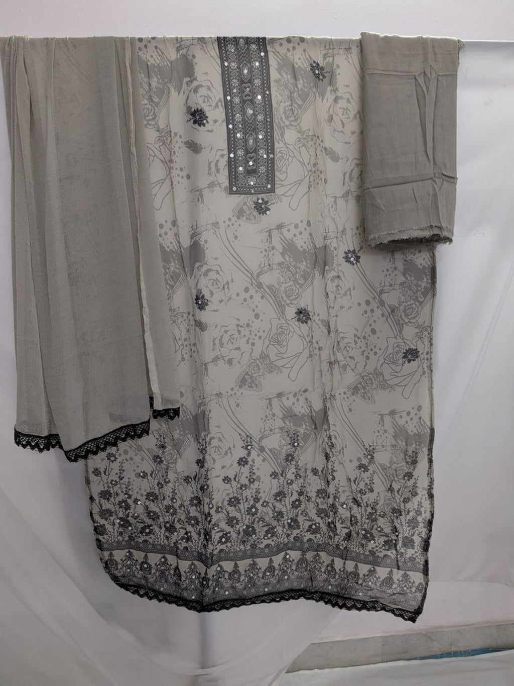 Mirror work printed with lace Unstitched Suit Grey Color
