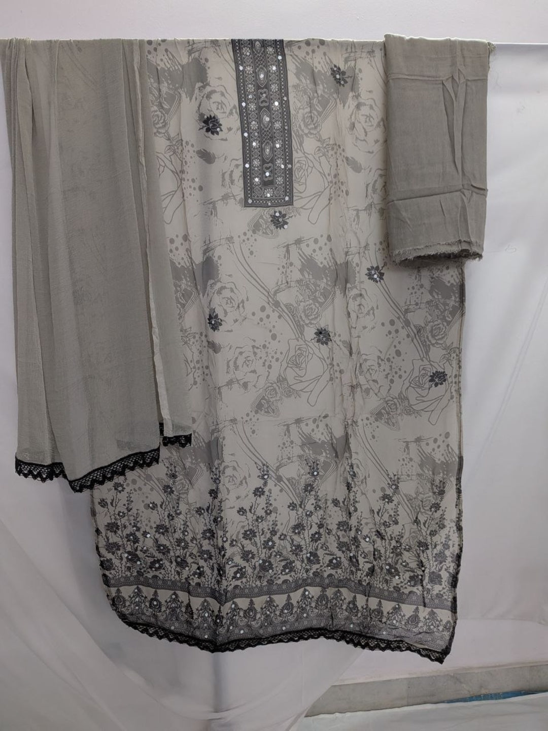 Mirror work printed with lace Unstitched Suit Grey Color