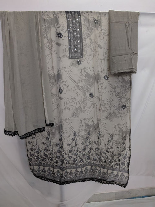 Mirror work printed with lace Unstitched Suit Grey Color