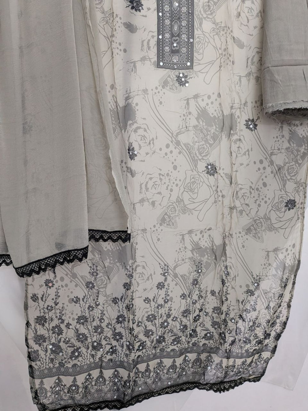 Mirror work printed with lace Unstitched Suit Grey Color