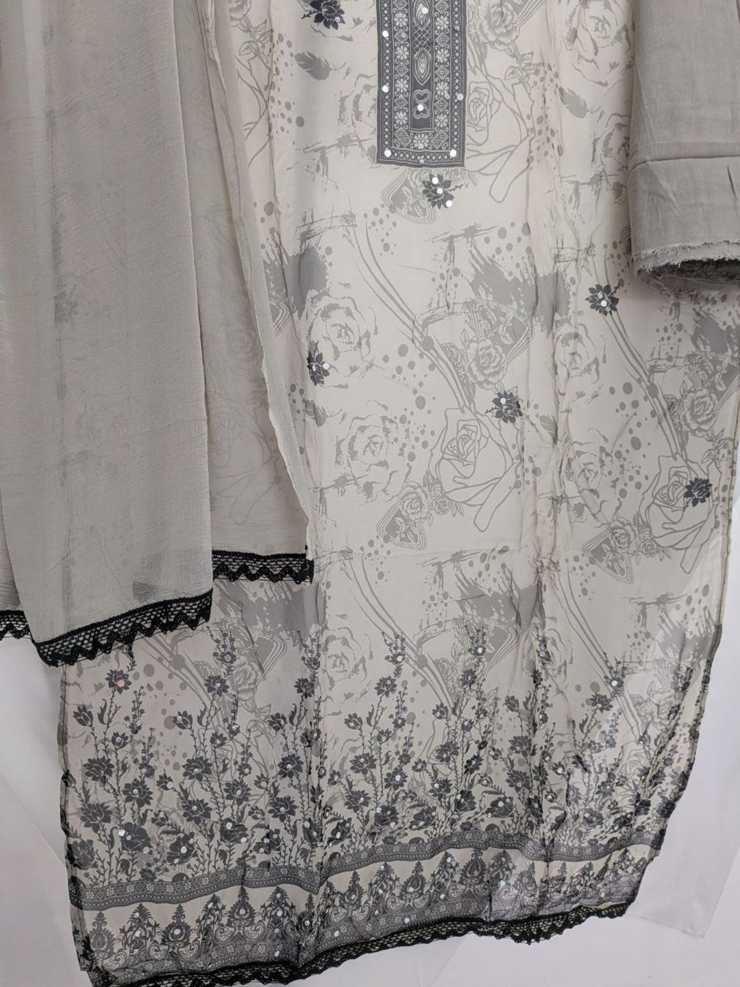 Mirror work printed with lace Unstitched Suit Grey Color