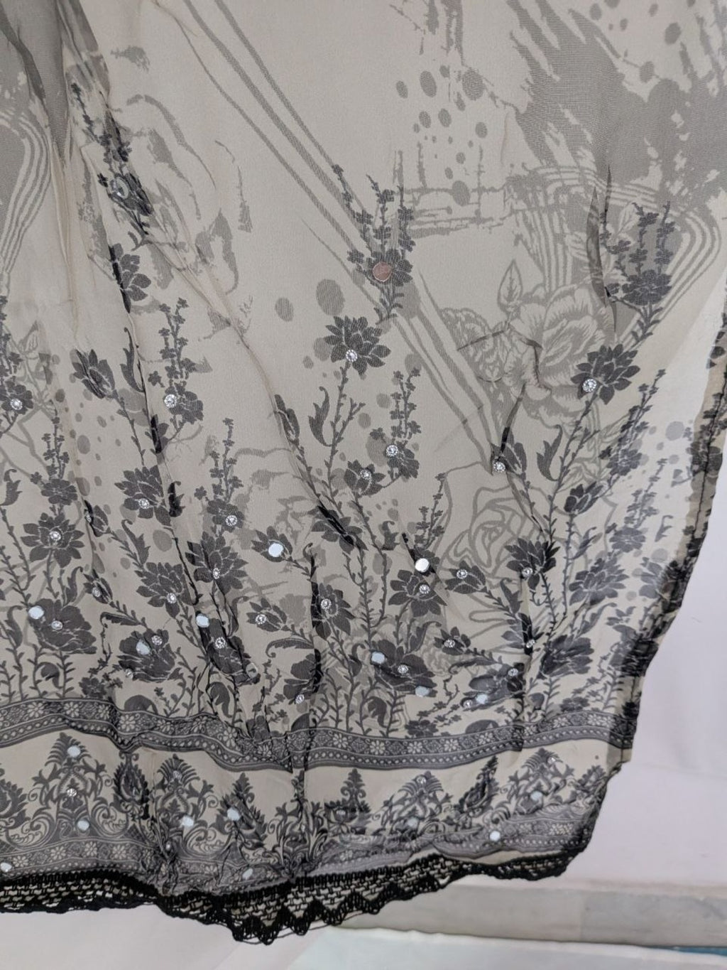 Mirror work printed with lace Unstitched Suit Grey Color