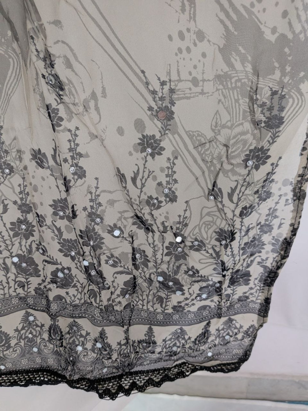 Mirror work printed with lace Unstitched Suit Grey Color
