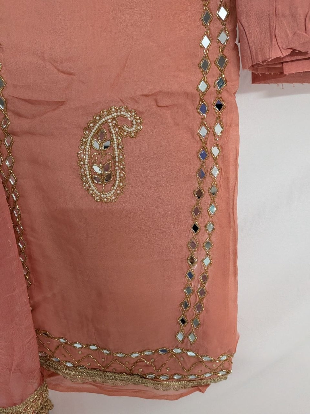 Muslin with Chiffon Dupatta Unstitched Suit Peach Color