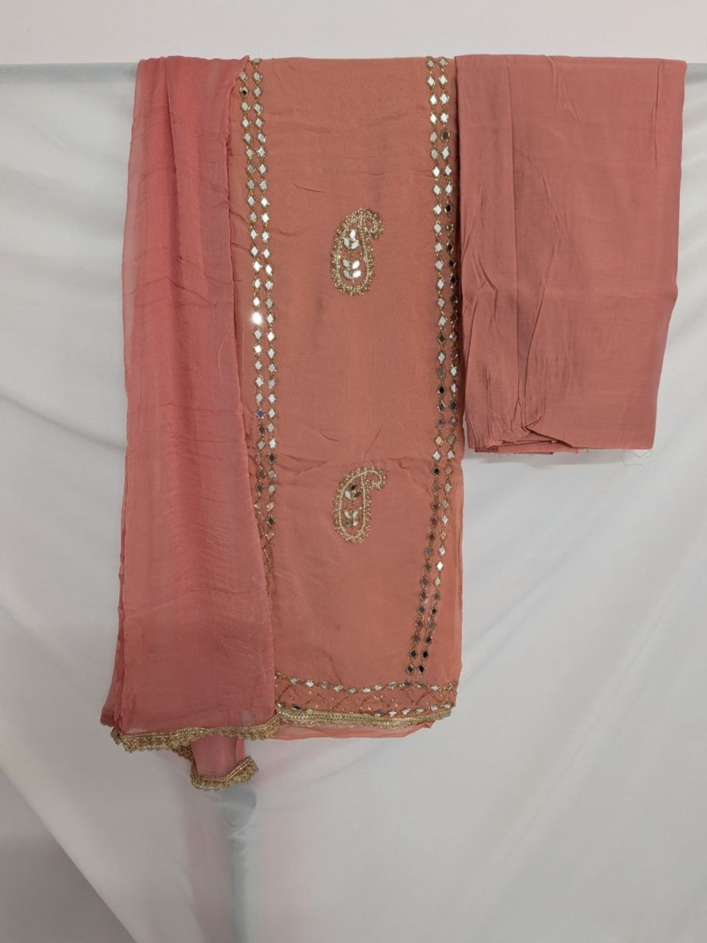 Muslin with Chiffon Dupatta Unstitched Suit Peach Color
