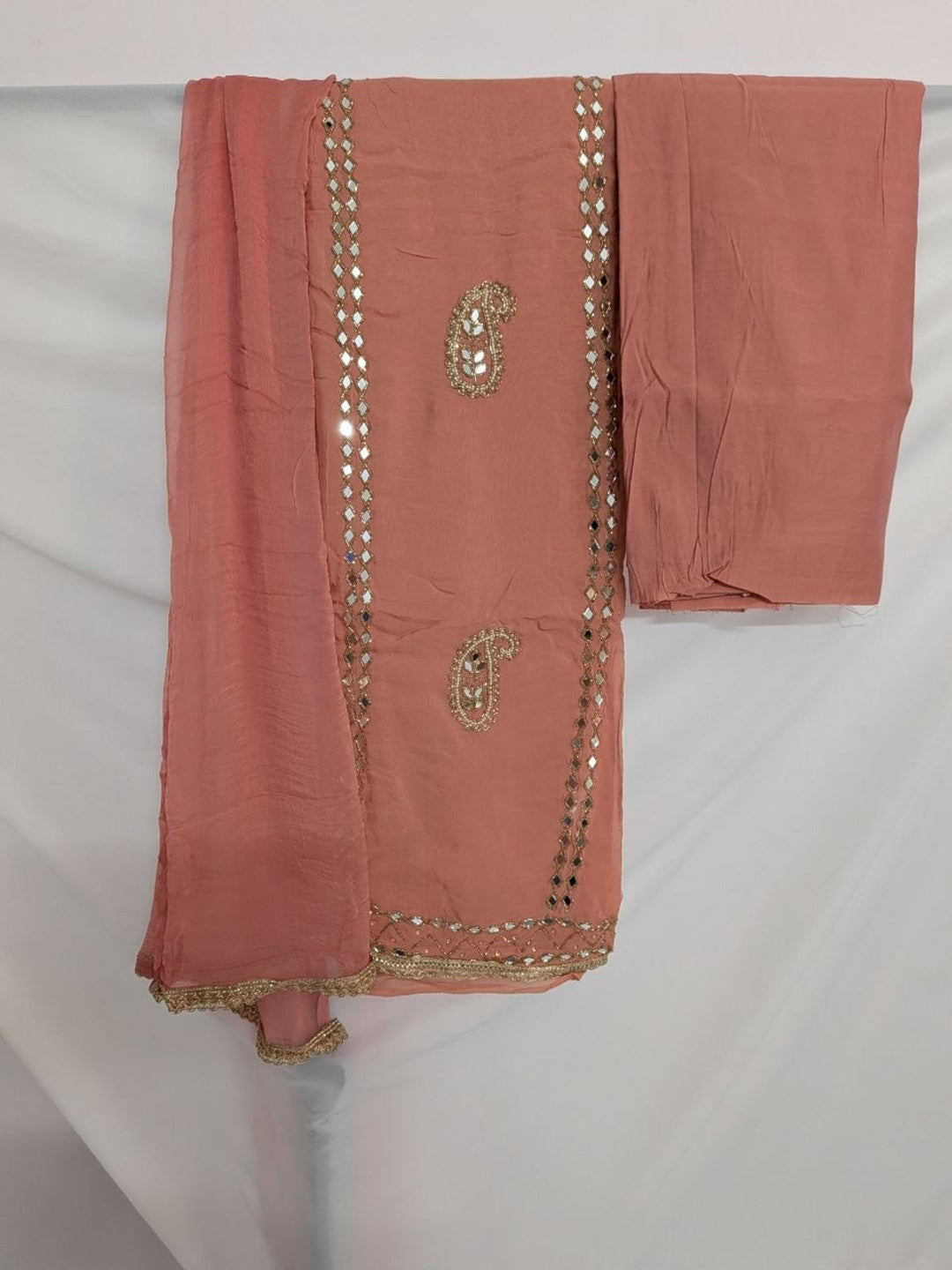 Muslin with Chiffon Dupatta Unstitched Suit Peach Color