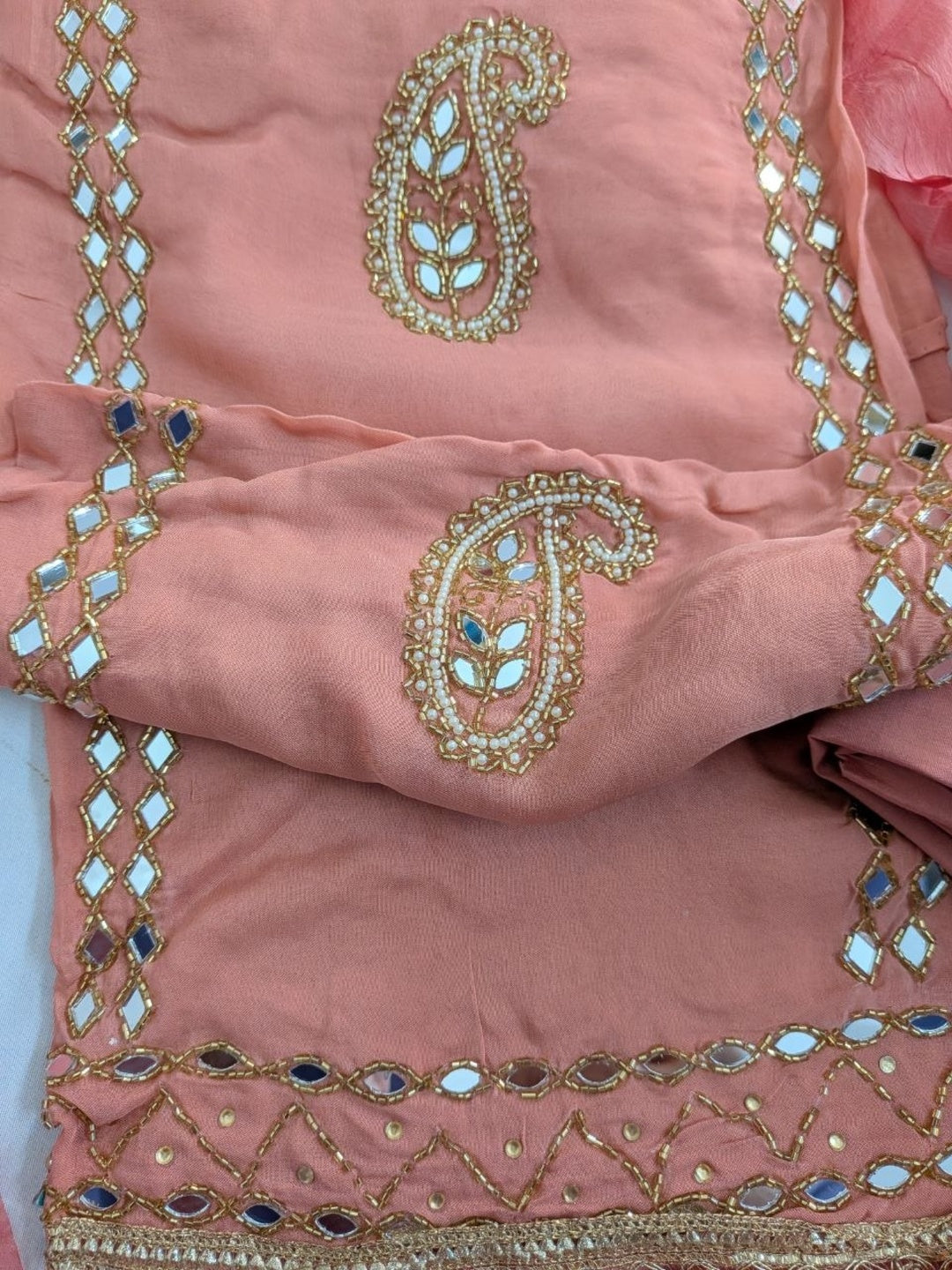 Muslin with Chiffon Dupatta Unstitched Suit Peach Color