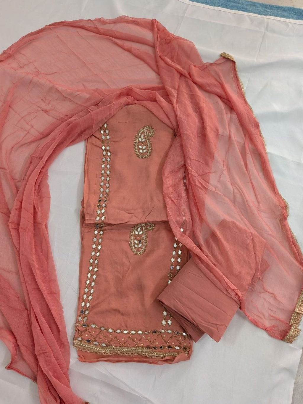 Muslin with Chiffon Dupatta Unstitched Suit Peach Color