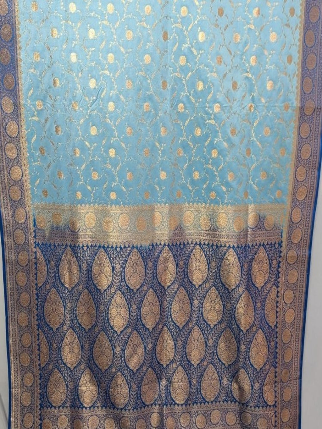Sky Blue with Navy Blue and Golden Zari Work Silk Blend Saree for Wedding &amp; Festive Wear with Unstitched Blouse