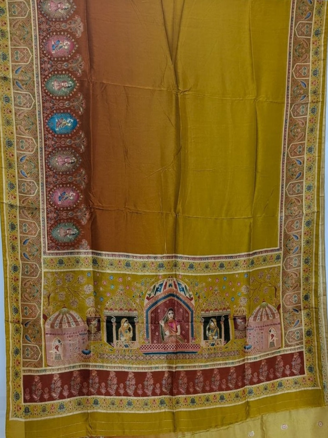 Mustard Yellow with Rust Brown Italian Crepe Waeved Saree