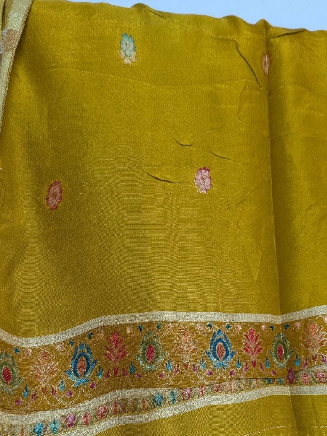 Mustard Yellow with Rust Brown Italian Crepe Waeved Saree