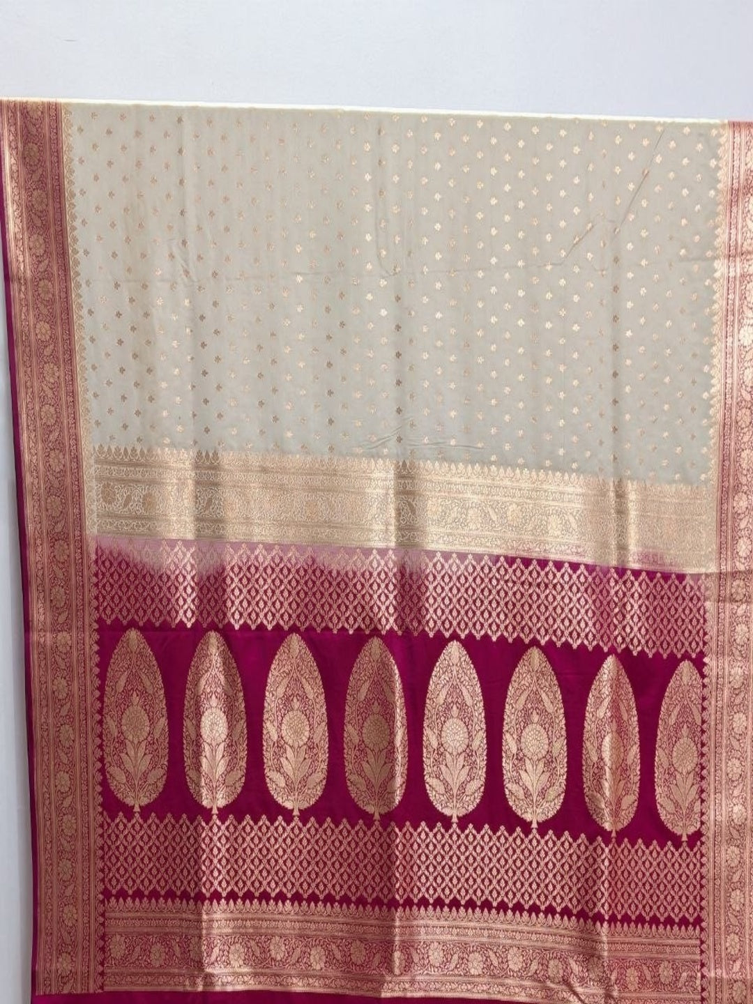 Ivory &amp; Rani Pink and Golden Zari Work Silk Blend Saree for Wedding &amp; Festive Wear with Unstitched Blouse