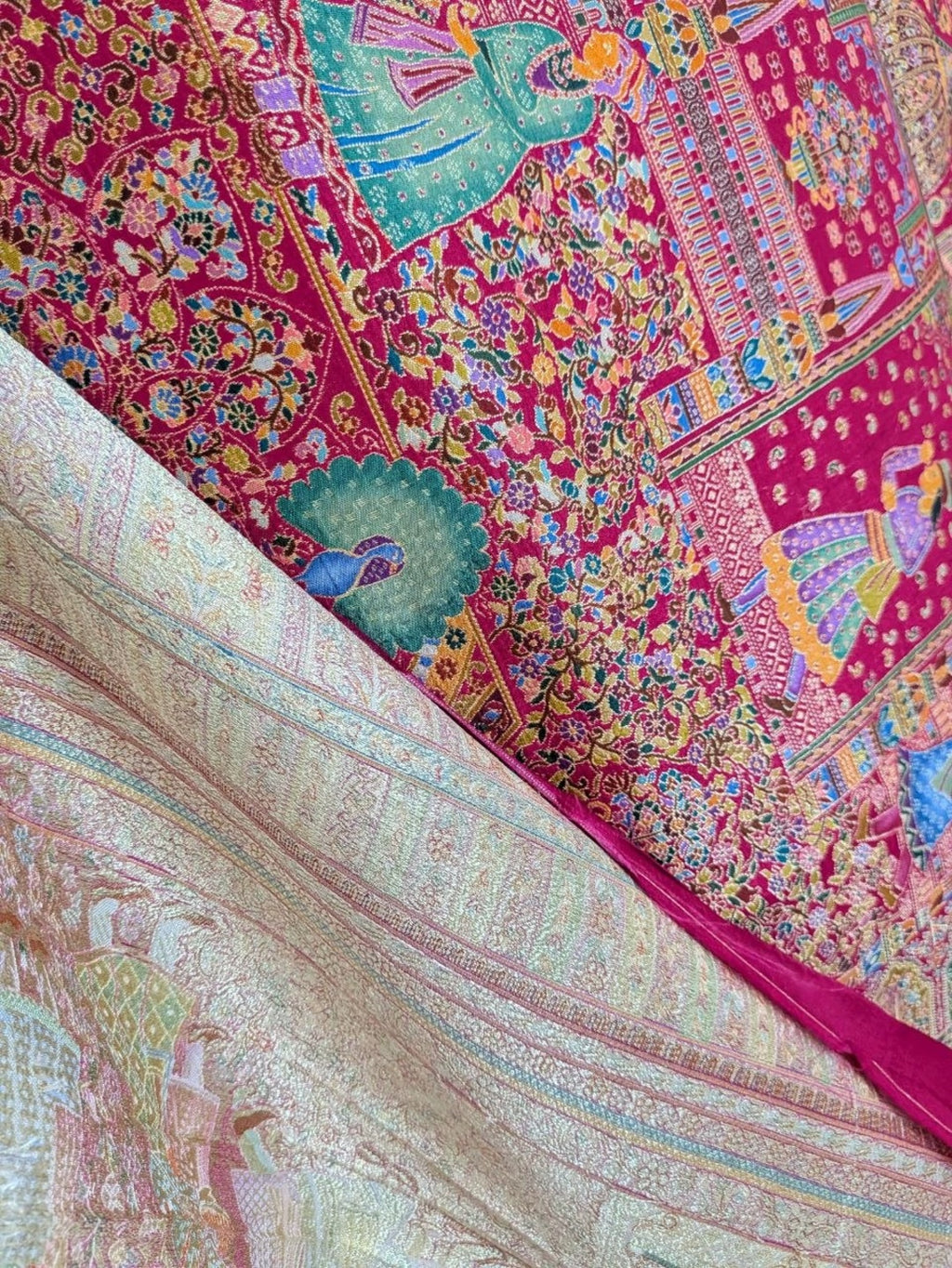 Silk Blend Rani Pink with Multicolor Saree for Wedding &amp; Festive Wear with Unstitched Blouse