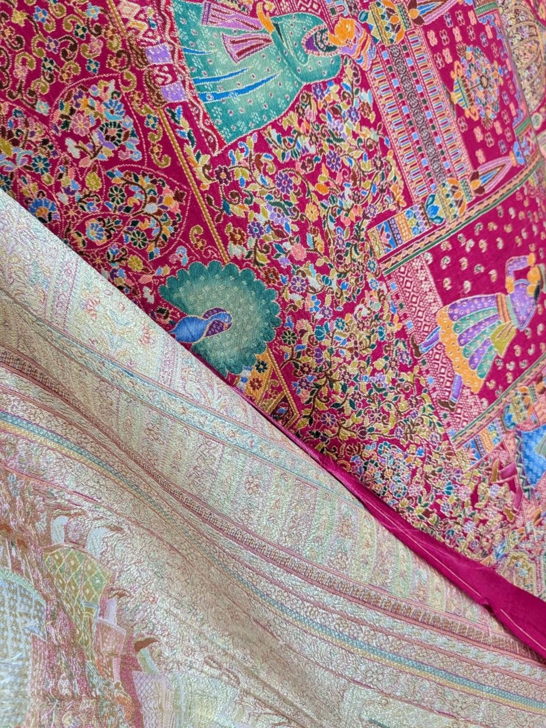 Silk Blend Rani Pink with Multicolor Saree for Wedding &amp; Festive Wear with Unstitched Blouse