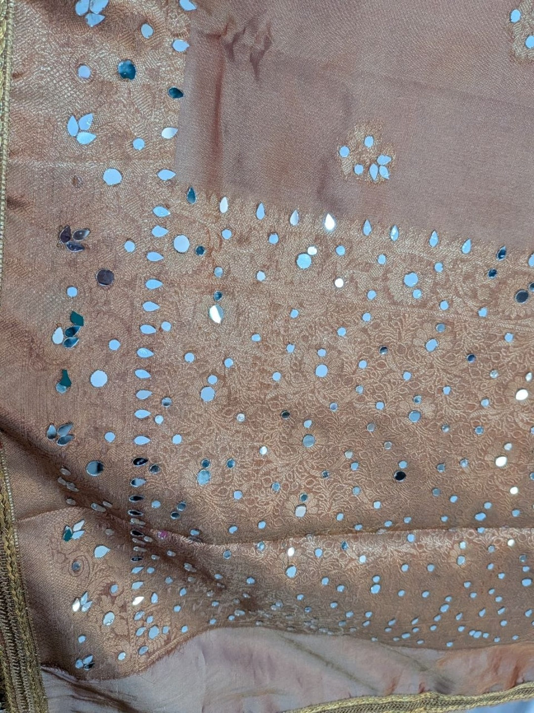 Organza Tissue Dusty Rose Miroor Work Saree for Wedding &amp; Festive Wear with Unstitched Blouse
