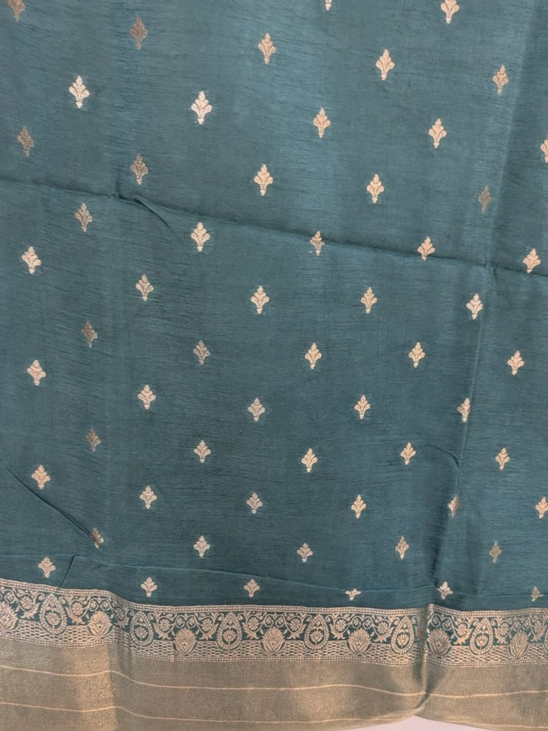 Teal Blue with Golden Zari Work Glass Tissue Saree for Wedding &amp; Festive Wear with Unstitched Blouse
