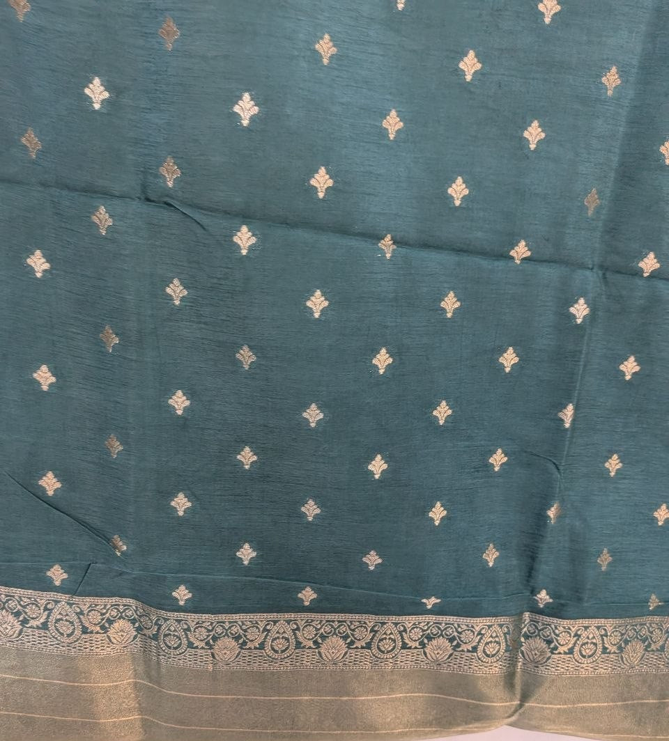 Teal Blue with Golden Zari Work Glass Tissue Saree for Wedding &amp; Festive Wear with Unstitched Blouse