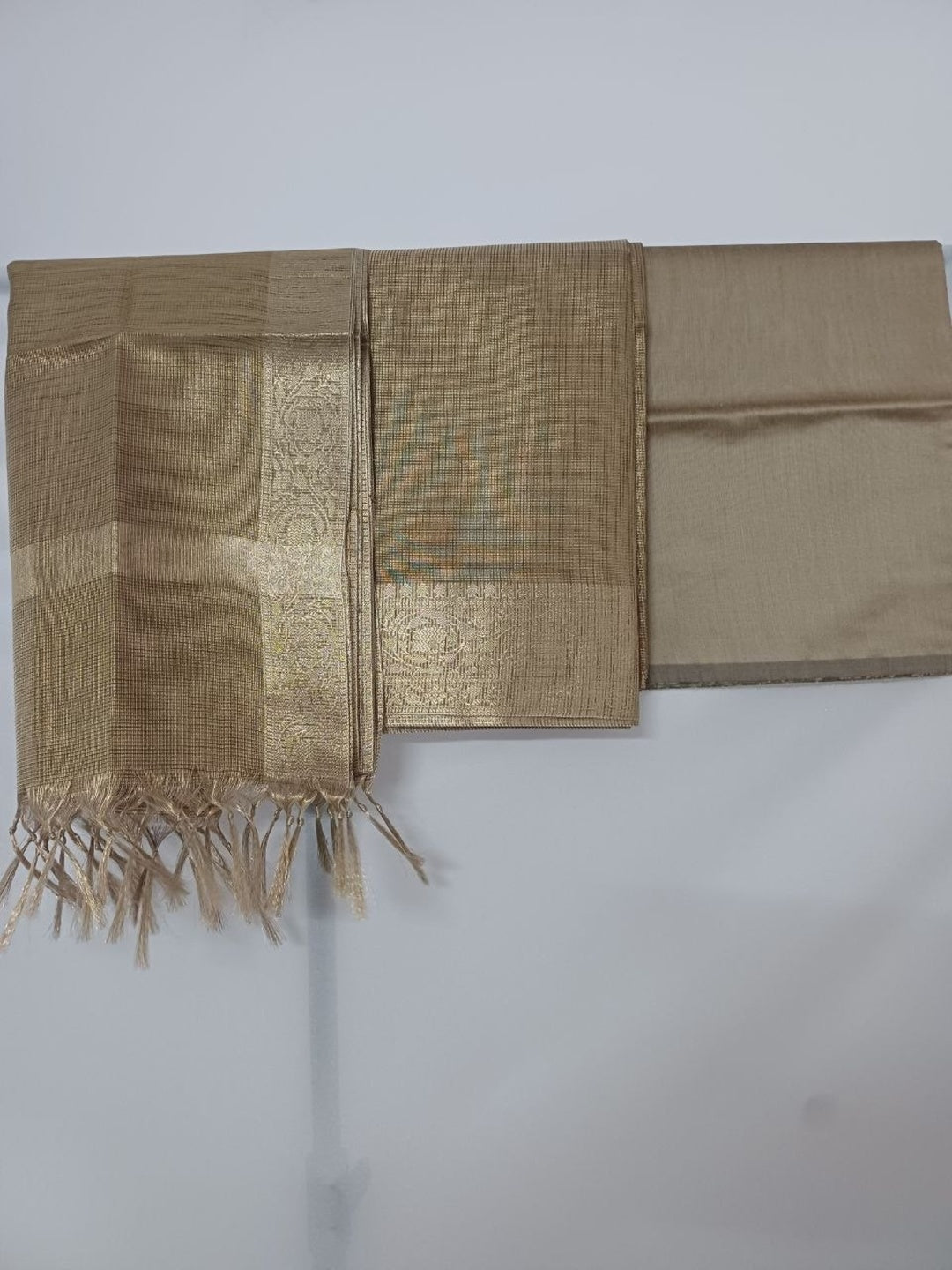 Bronze Banarsi tissue Silk 3pc unstitched dress material  Zari weaving border