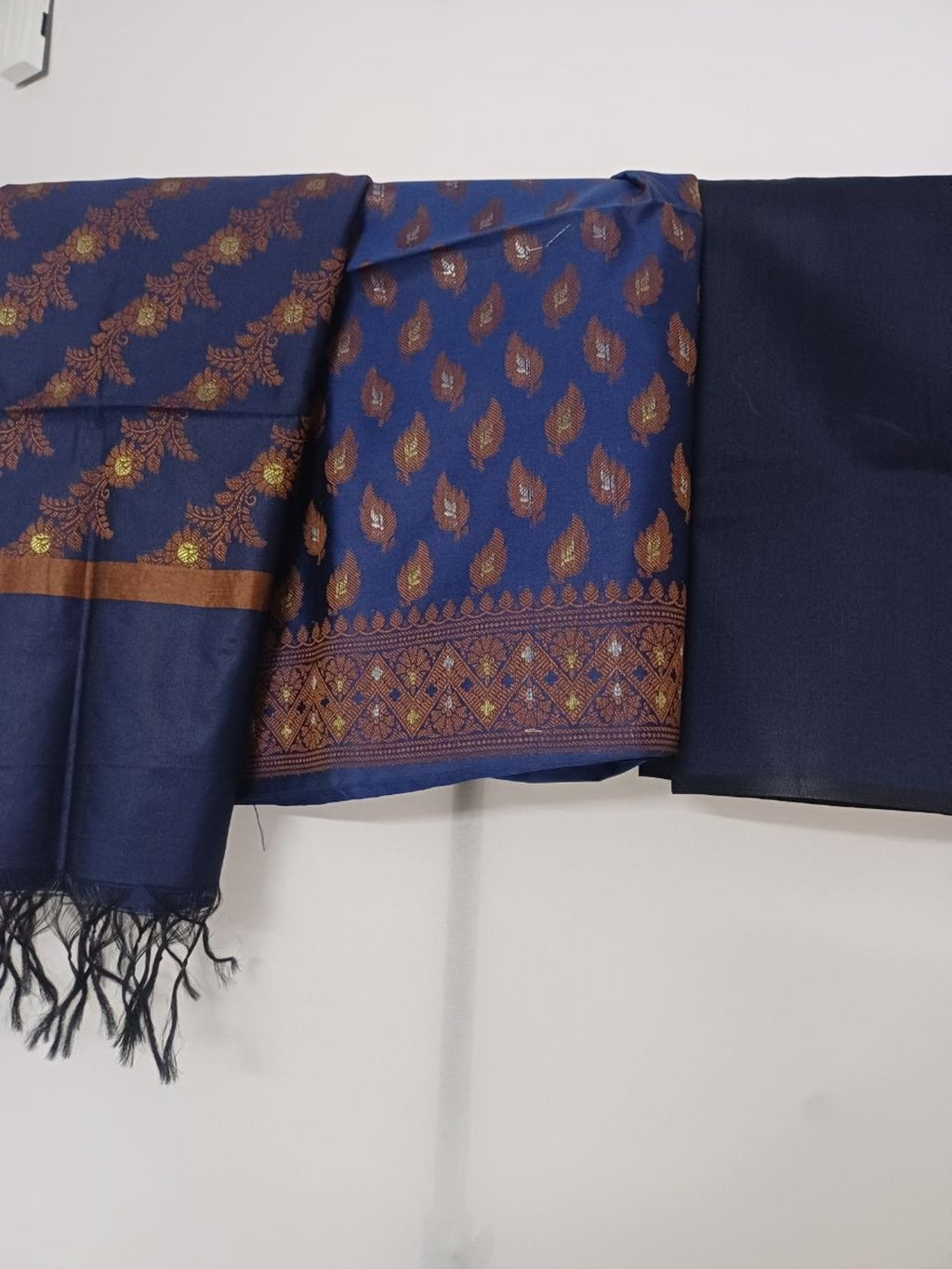 Navy Blue Banarsi Cotton Silk 3 pc unstitched dress material Suit