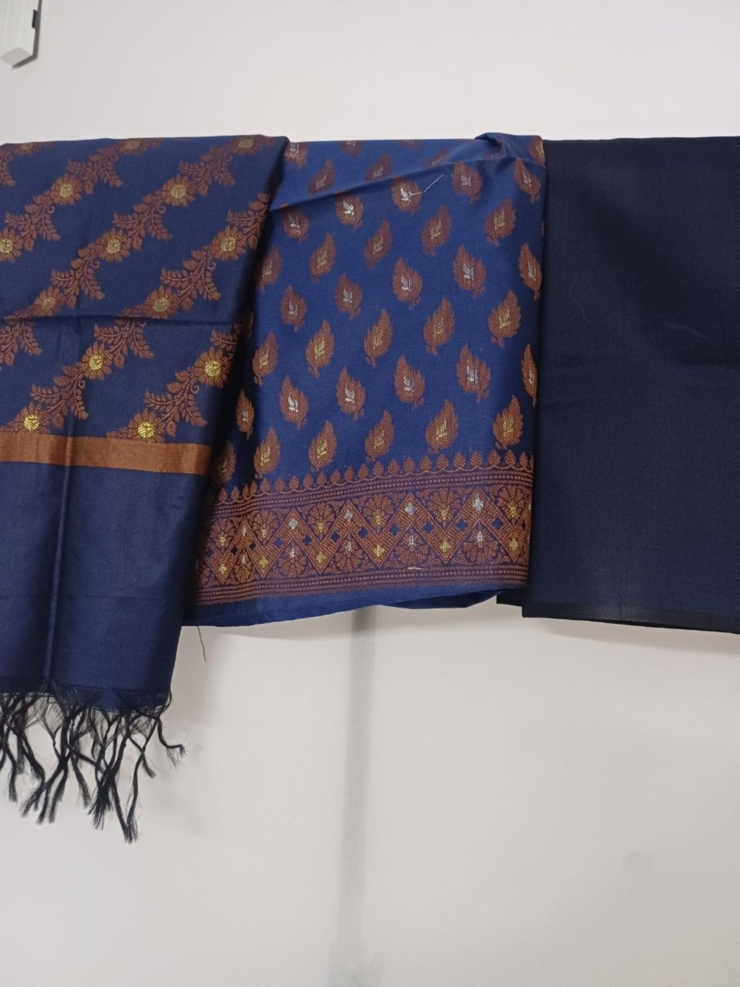 Navy Blue Banarsi Cotton Silk 3 pc unstitched dress material Suit