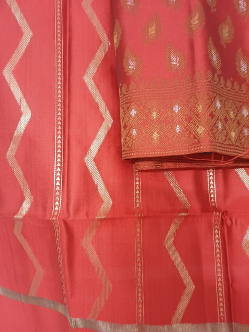 Rust Banarsi Cotton Silk 3 pc unstitched dress material Suit