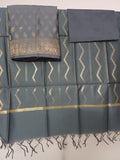 Grey Banarsi Cotton Silk 3 pc unstitched dress material Suit