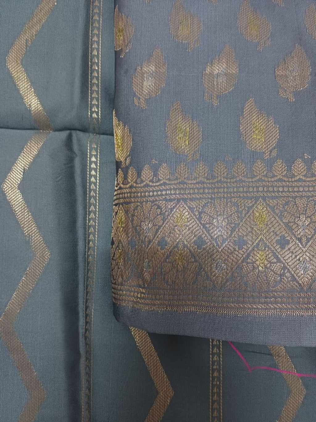 Grey Banarsi Cotton Silk 3 pc unstitched dress material Suit
