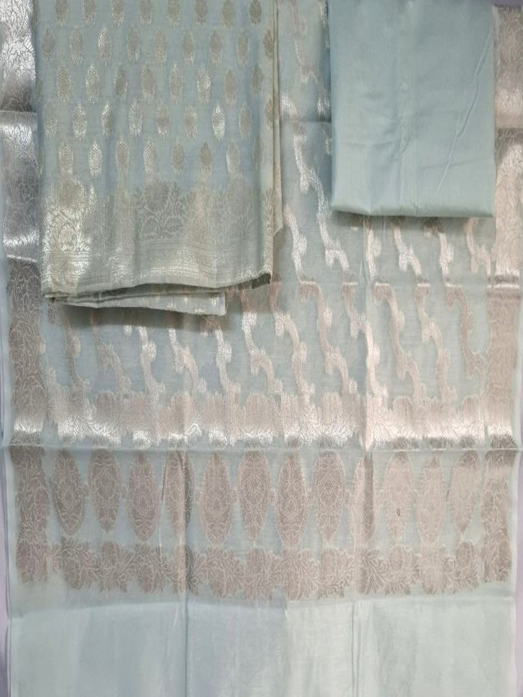 Banarsi Silk Sea Green Suit 3pc Unstitched Suit Zari Weaving Suit