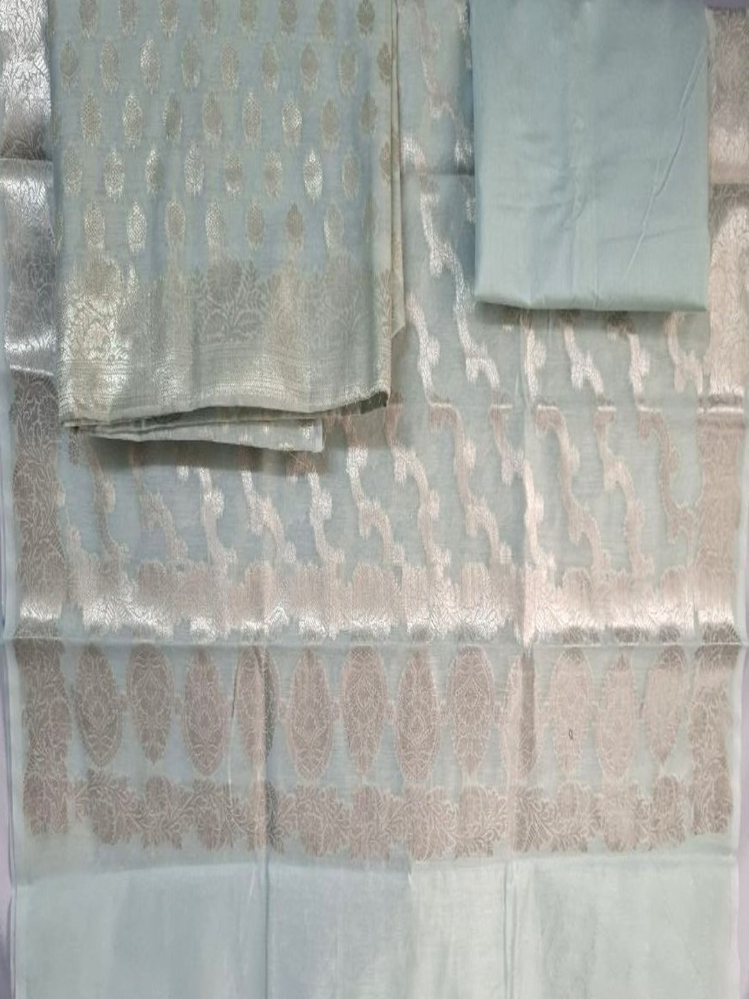 Banarsi Silk Sea Green Suit 3pc Unstitched Suit Zari Weaving Suit