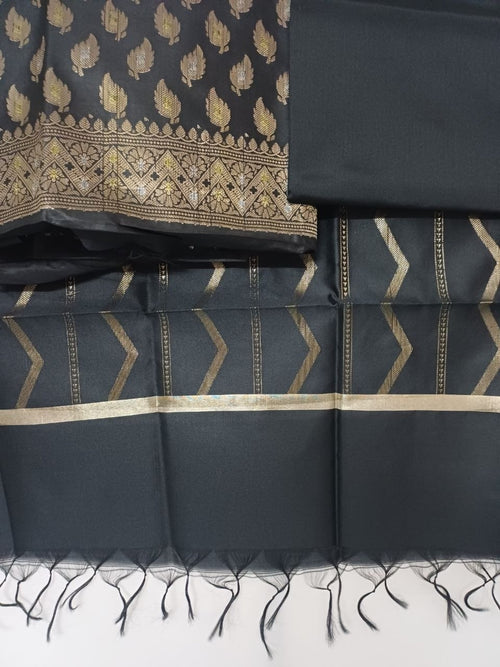 Black Banarsi Cotton Silk 3 pc unstitched dress material Suit