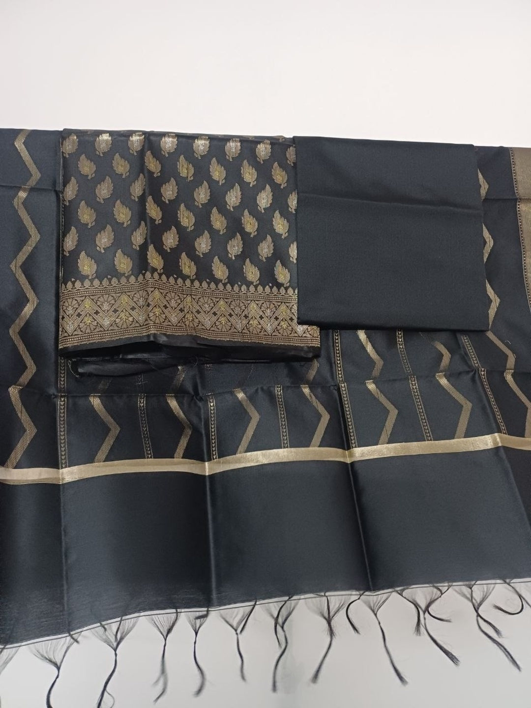 Black Banarsi Cotton Silk 3 pc unstitched dress material Suit