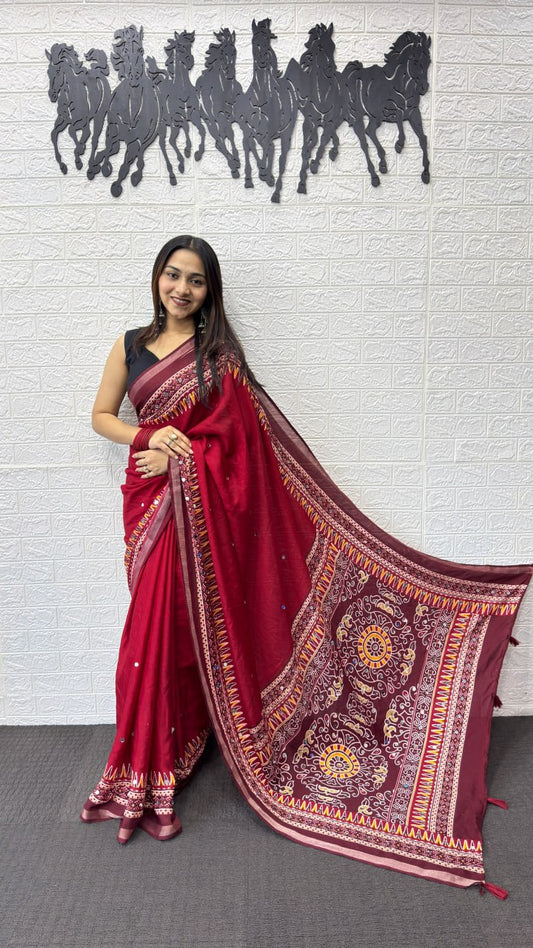 Real Mirror Hand Work with Viscose Latkan Pallu Soft Heavy Mall Cotton Silk Sarees